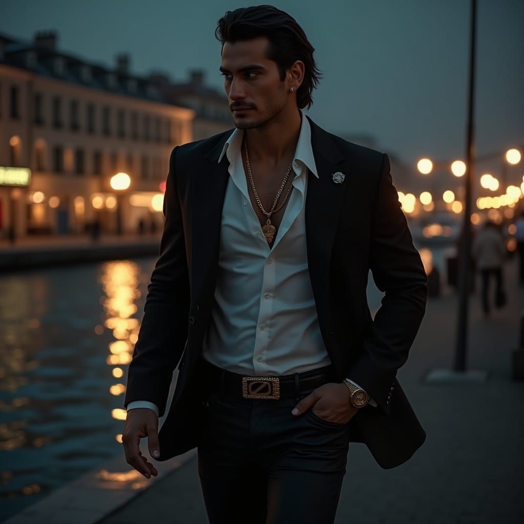 Charismatic Brujah in Noir Cyberpunk Harbor Setting