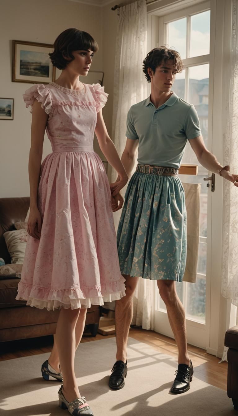 Masculine Boy Crossdressing in Frilly Dress: Cinematic Still