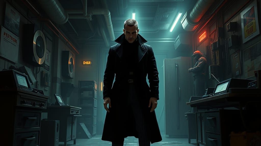 Dystopian Man in Grimy Office, Cinematic Lighting