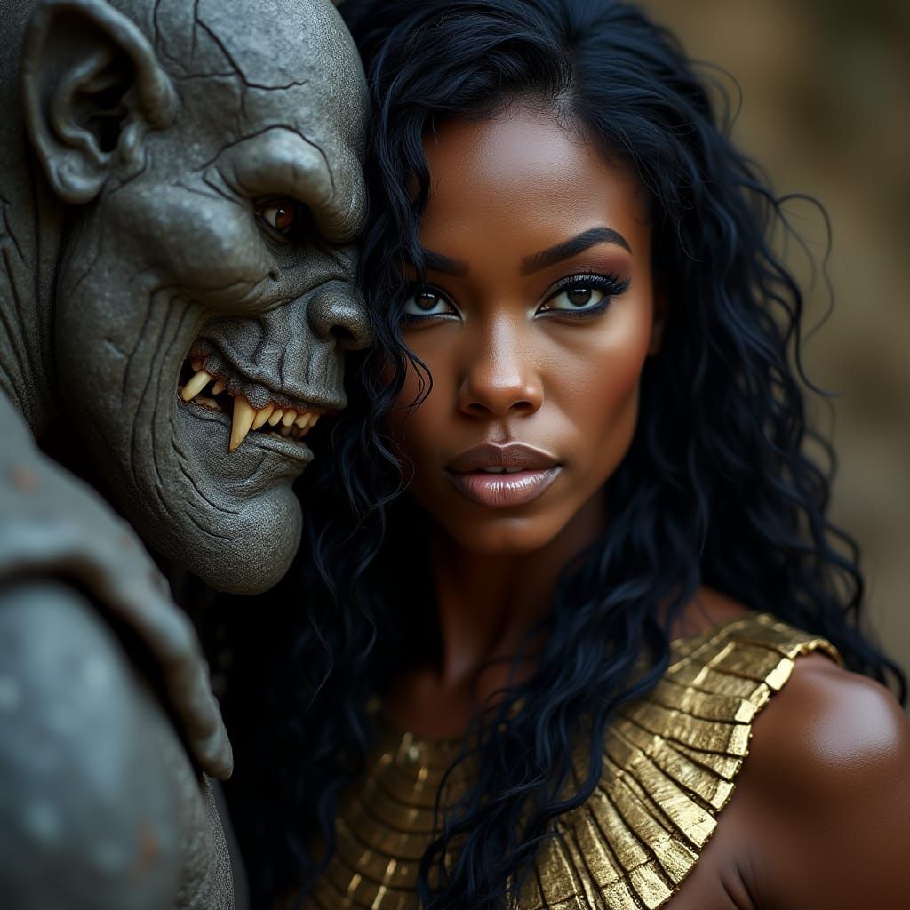 Regal Warrior Goddess Confronts Fierce Ogre in Golden Egypti...