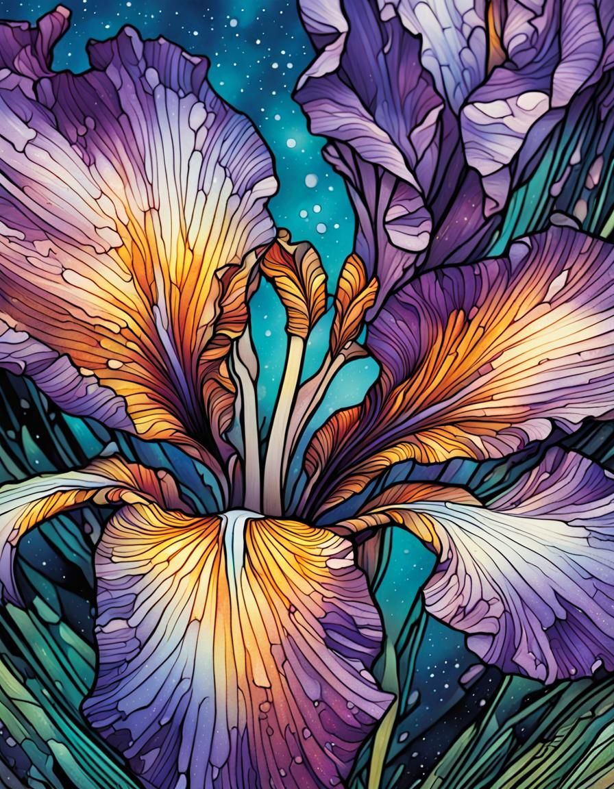 Intricate Iris in Vibrant Comic Book Art