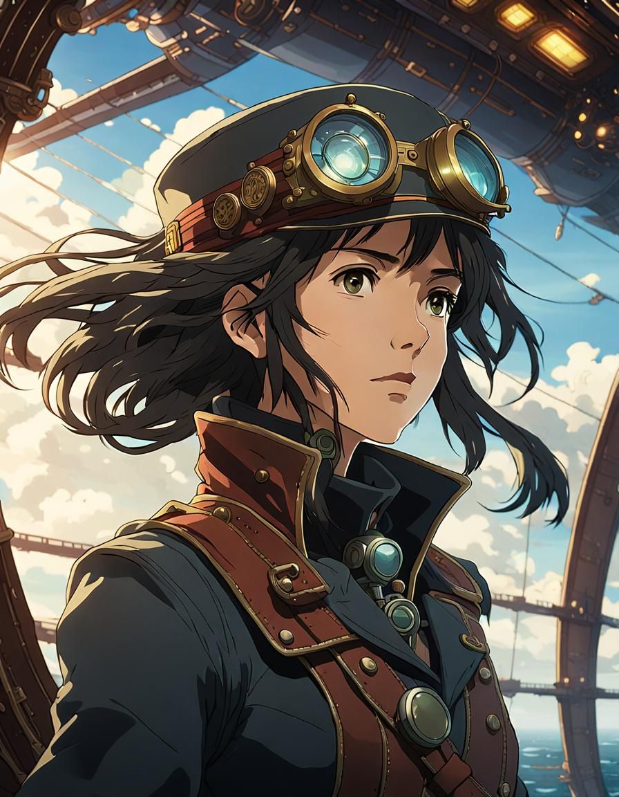 Steampunk Gothic Woman on Airship in Anime Style