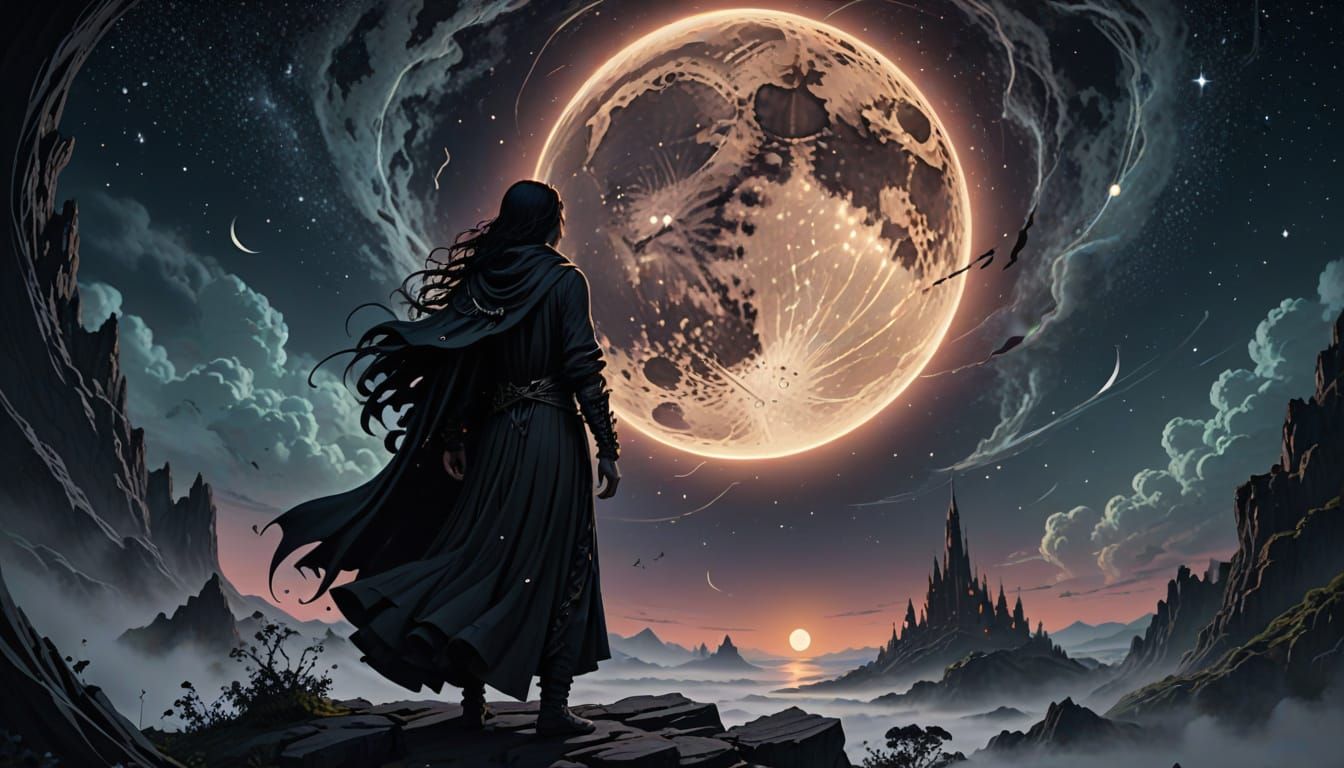 Ethereal Goth Silhouette Amidst Celestial Vortex in Deep Col...