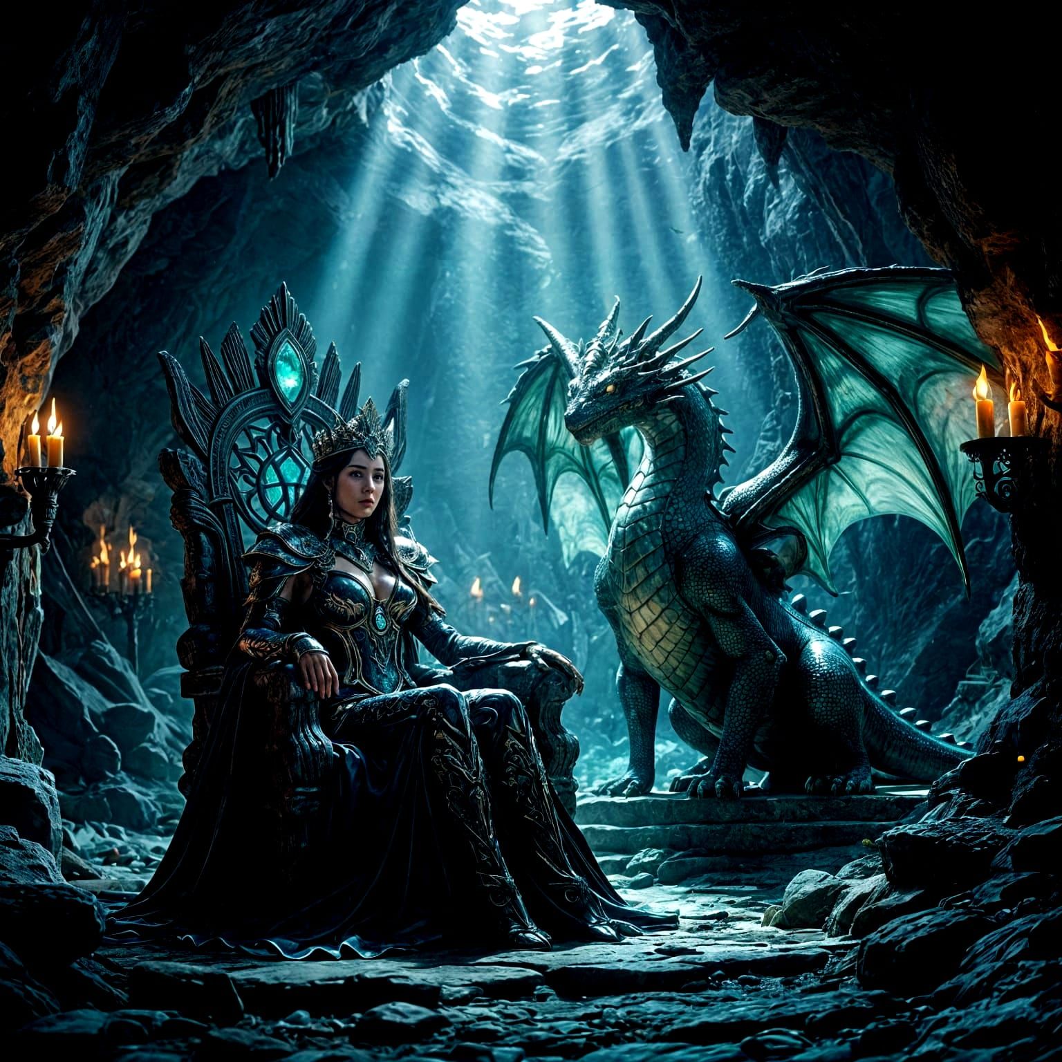 Queen in Sunlit Cave with Dragon, Double Exposure