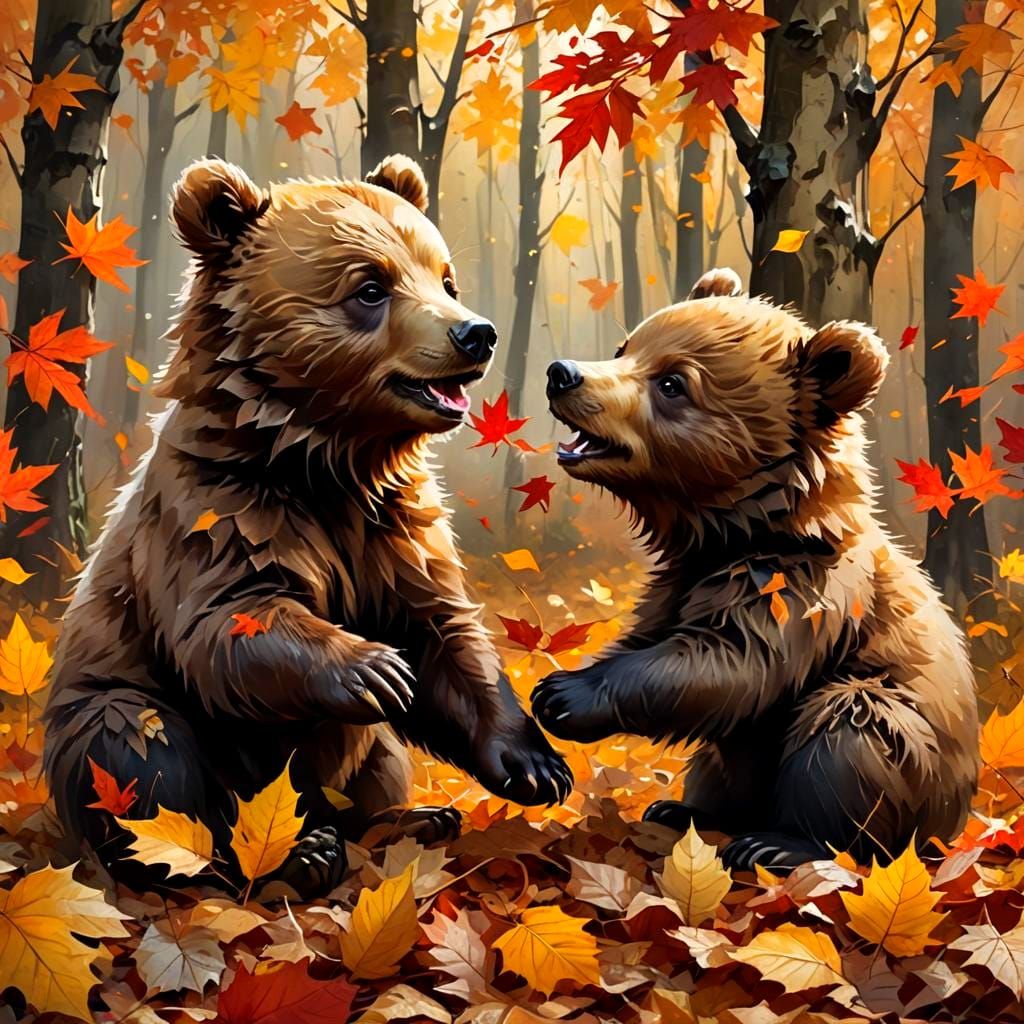 Playful Brown Bear Cubs in Autumn Forest