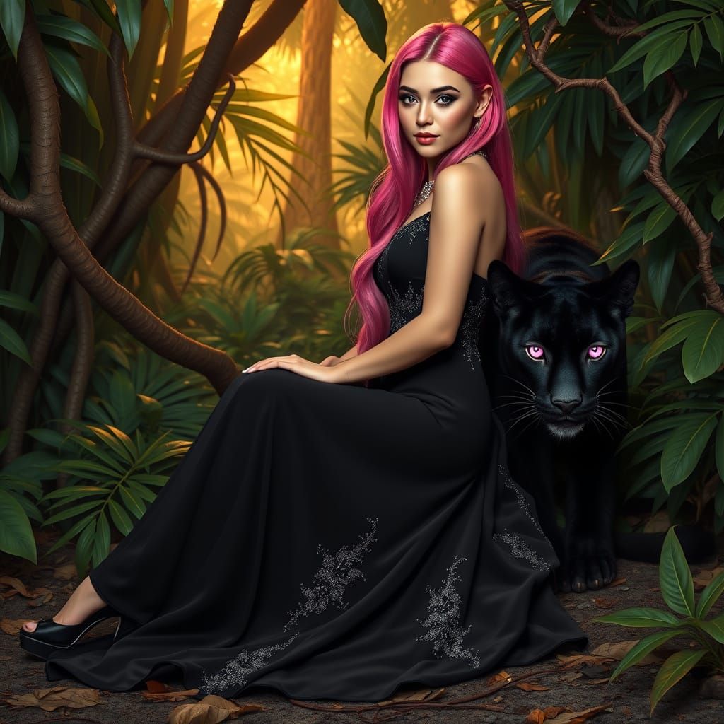 Elegant Fantasy Woman in Vibrant Pink Hair and Black Evening...