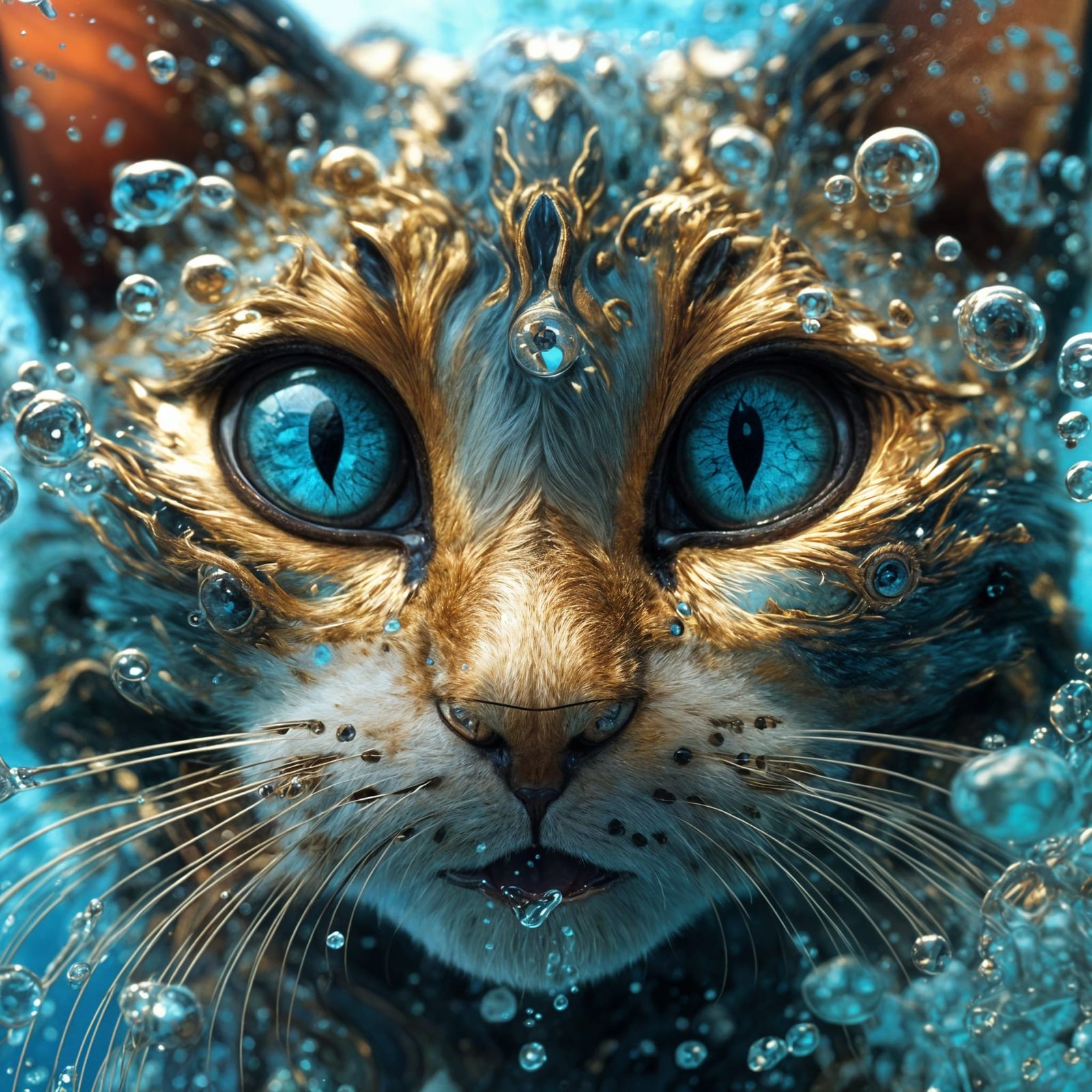 Mythical Water Cat Portrait in Hyperreal Anime Style
