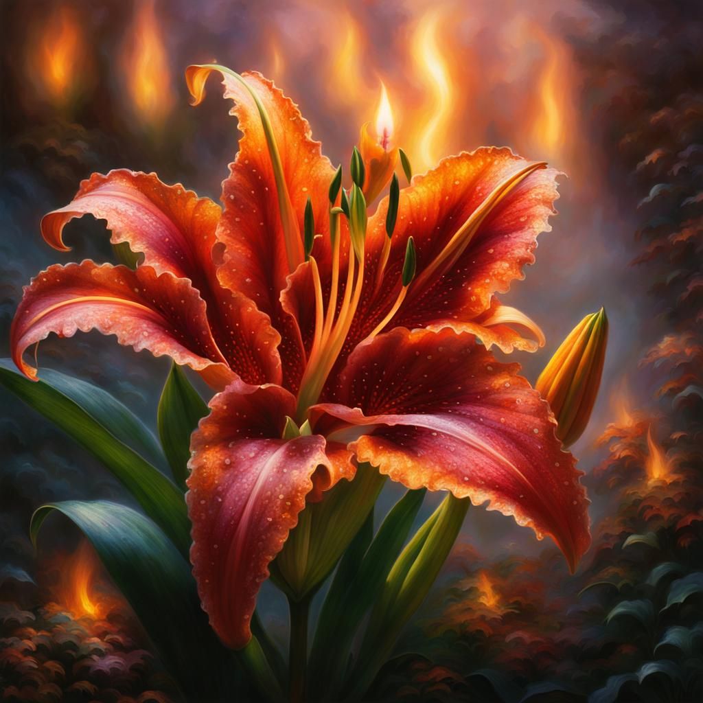 Ethereal Fire Lily with Embers and Smoke