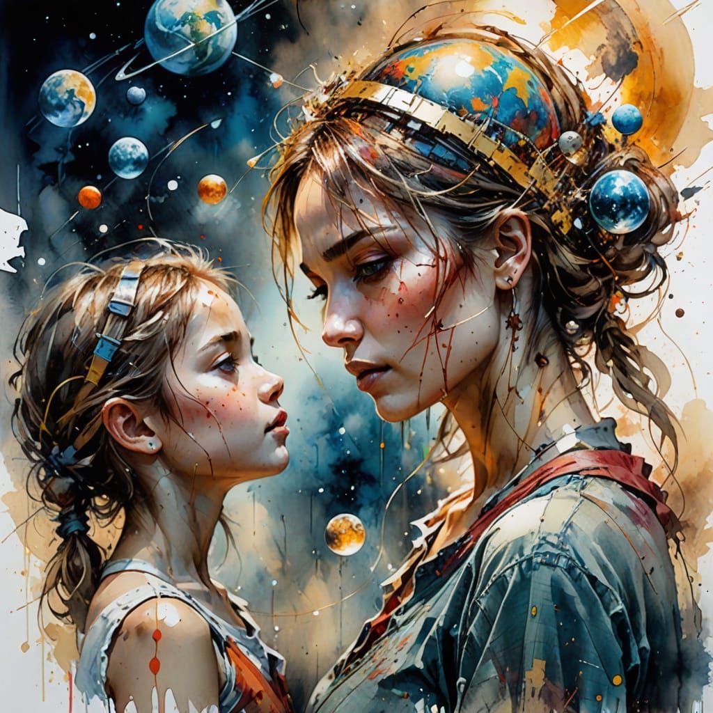 Planet Earth and Moon Playing Games in Watercolour