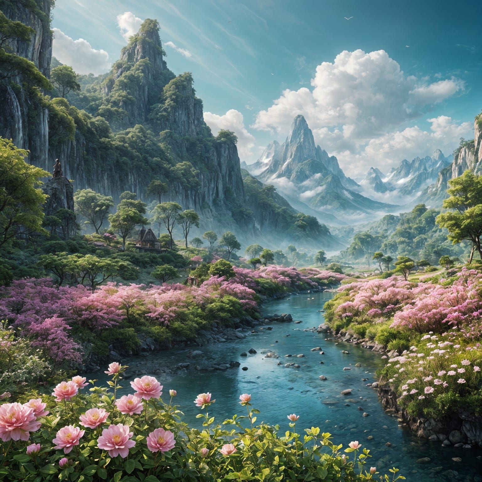 Dreamy Fantasy Landscape with Majestic Mountains and Serene....