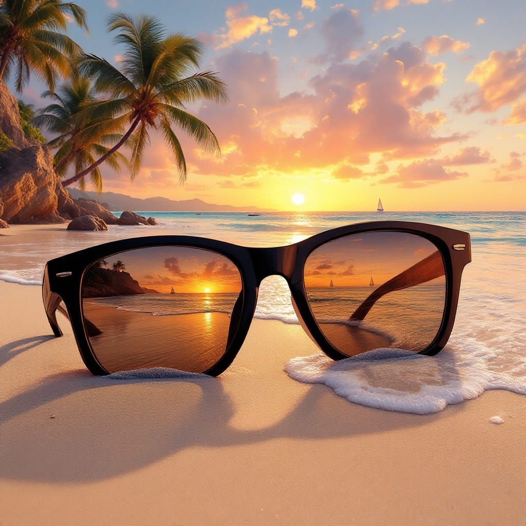 Sunglasses Reflecting Tropical Sunset on Beach