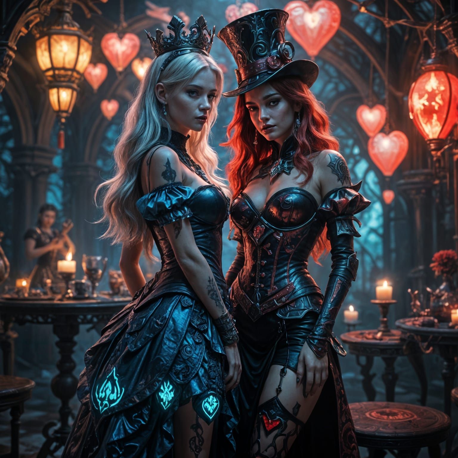 Goth Alice in Wonderland in Intricate Cyan Blue Mini Dress w...