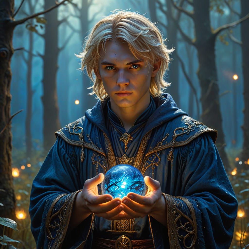 Young Warlock with Blue Spheres in Fantasy Oil Painting