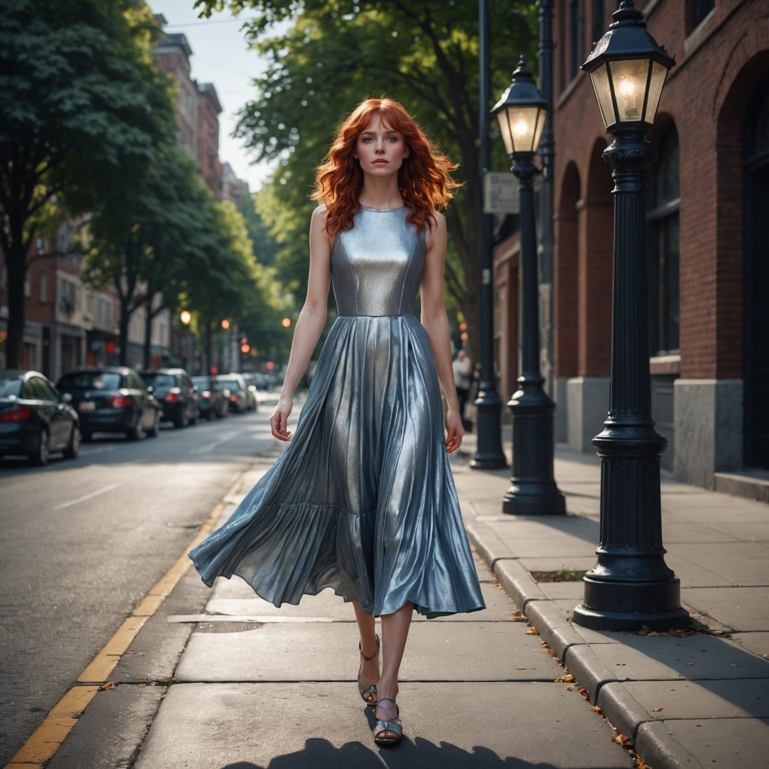 Woman with Red Hair Walking on Sidewalk