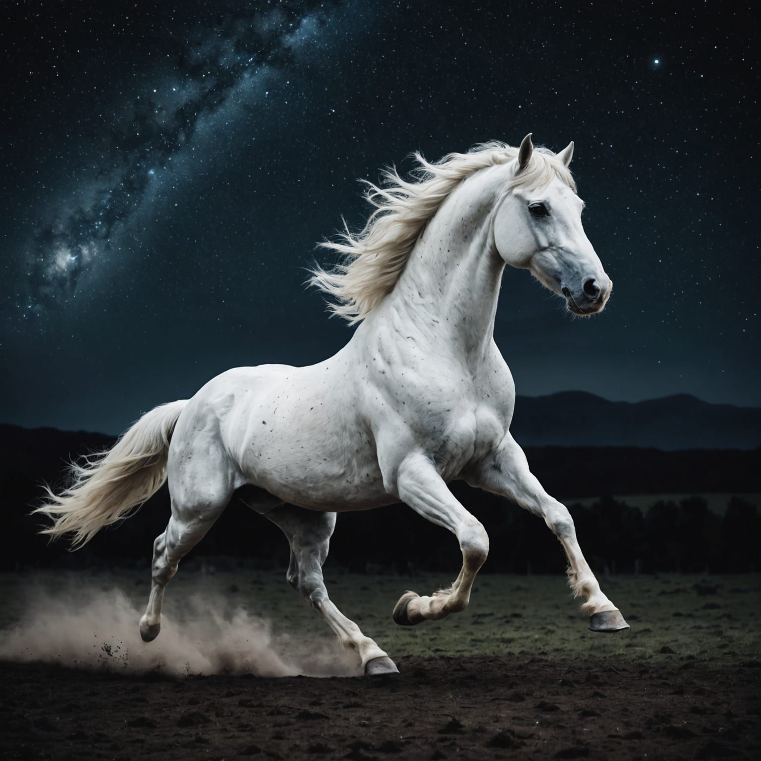 White Horse Galloping Under Starry Night Sky