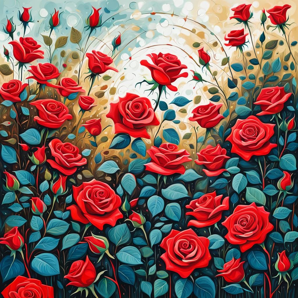 Abstract Red Rose Garden Art in Bloom