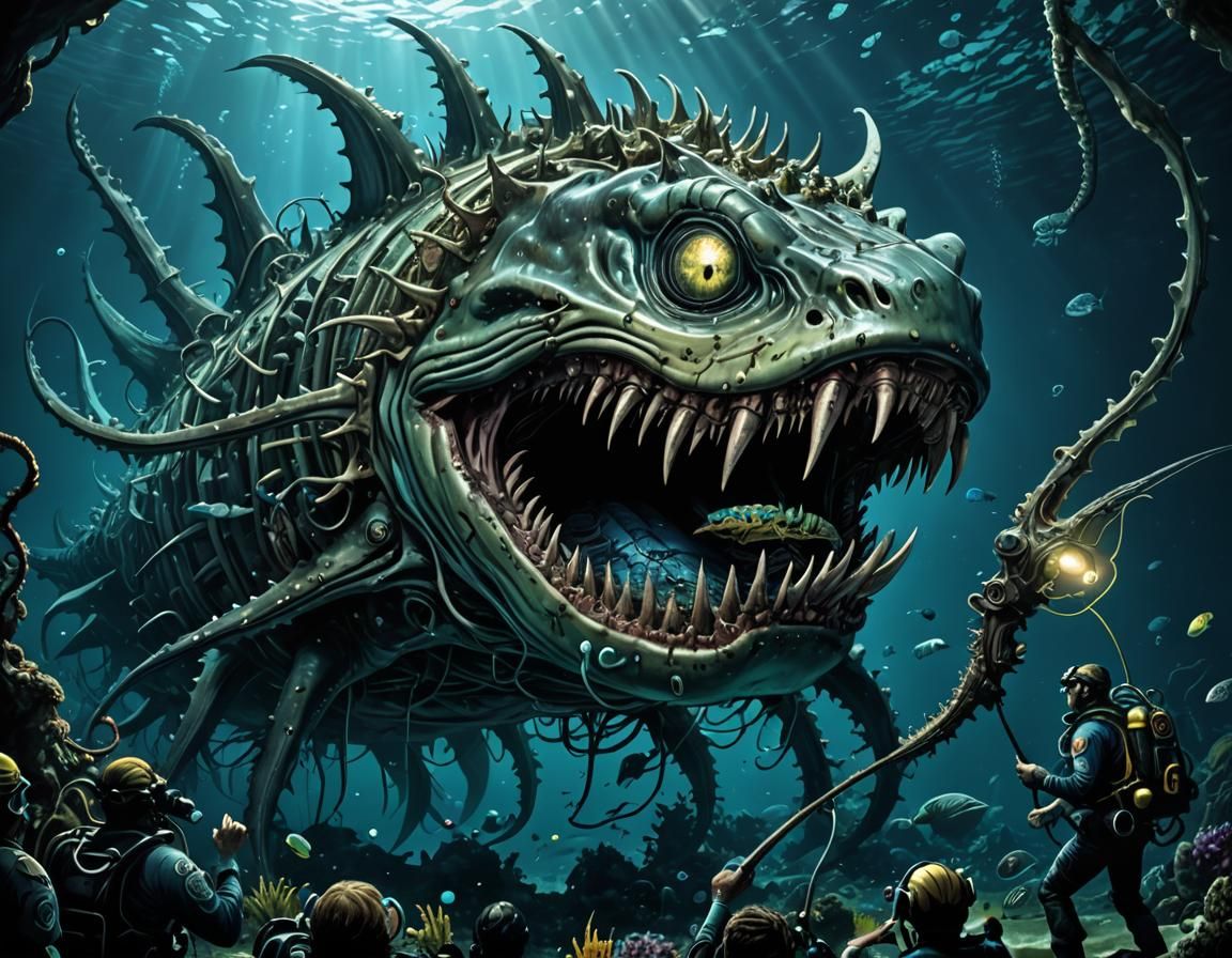 Bioluminescent Leviathan Confronts Diver: Underwater Caricat...
