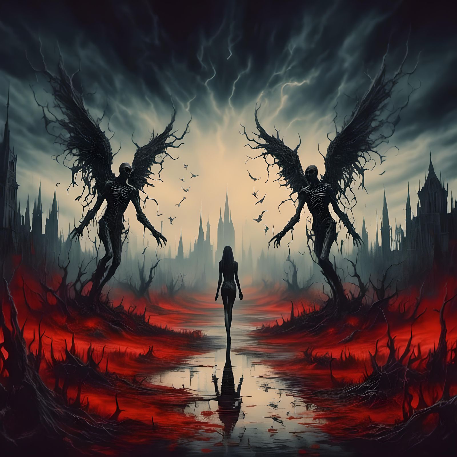 Angel and Demon Walk Across Strange Landscape