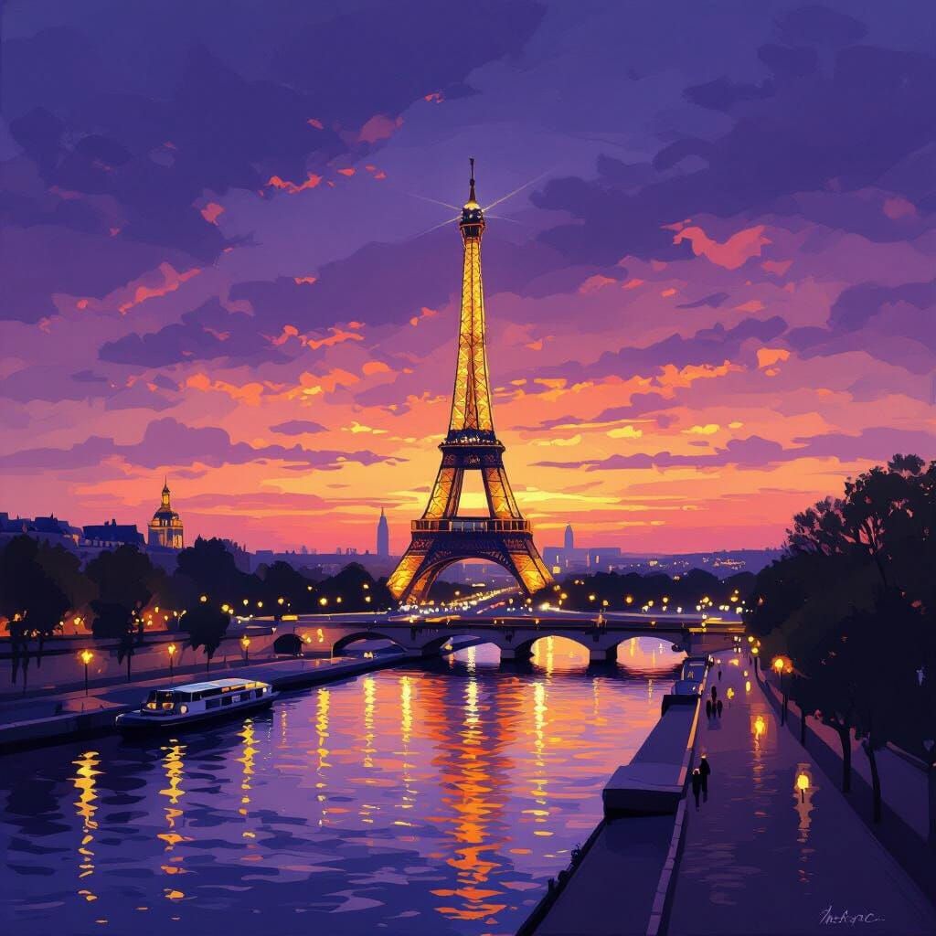 Paris at Dusk: Eiffel Tower and Seine River in Painterly Sty...
