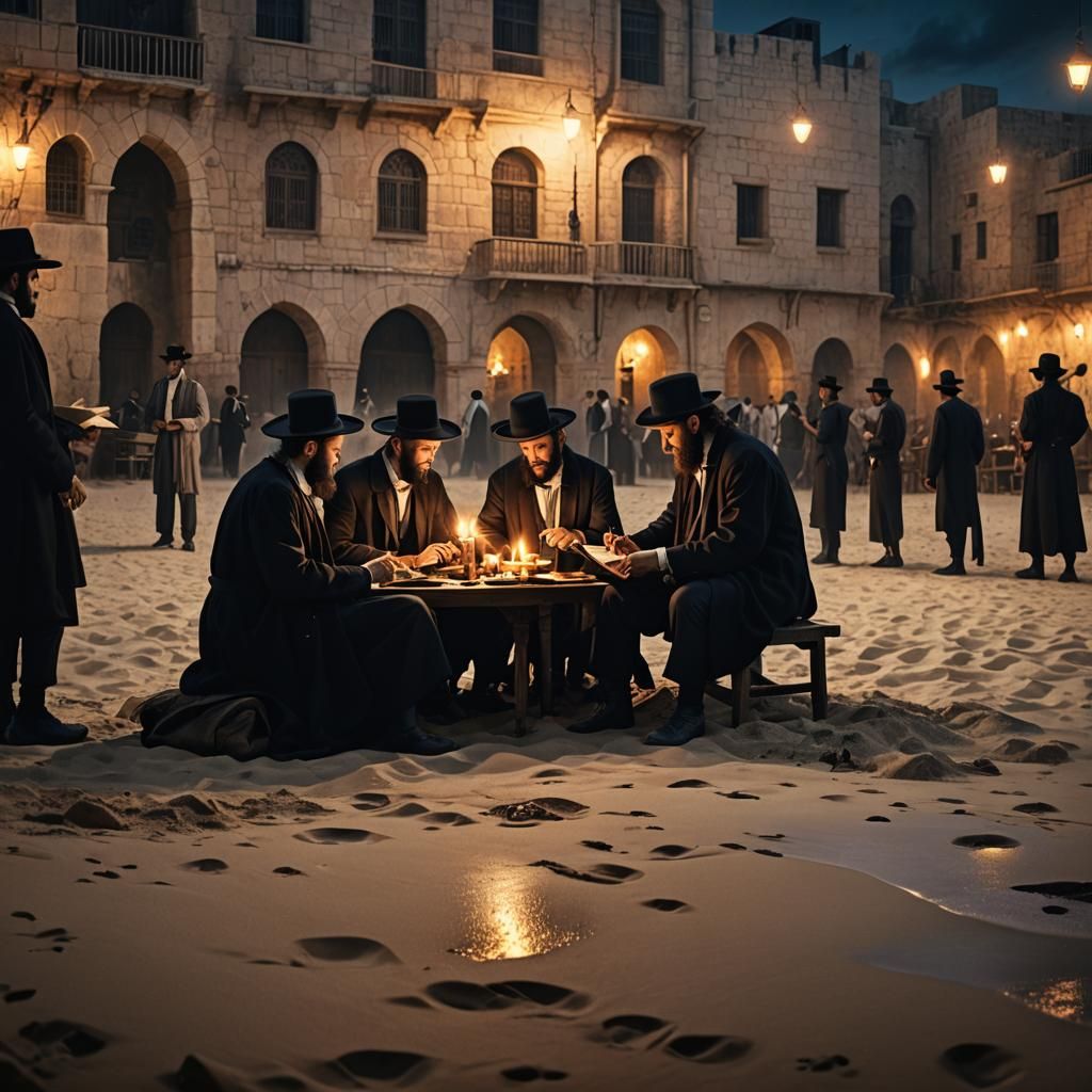 Hasidic Scholars Study by Candlelight on Beach