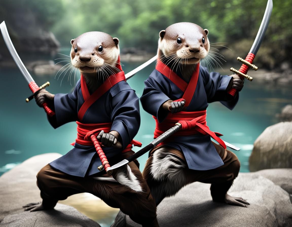 Dynamic Ninja Otters with Katanas in Anime Style