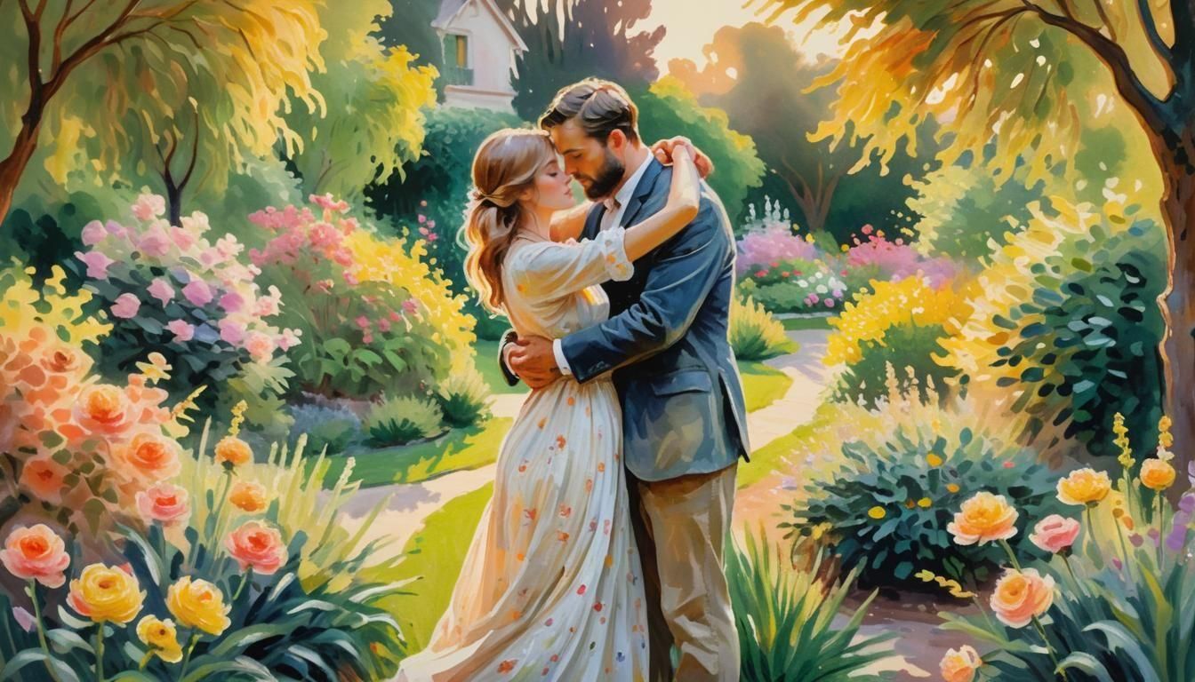 Romantic Couple in Gouache Style, Impressionist Painting