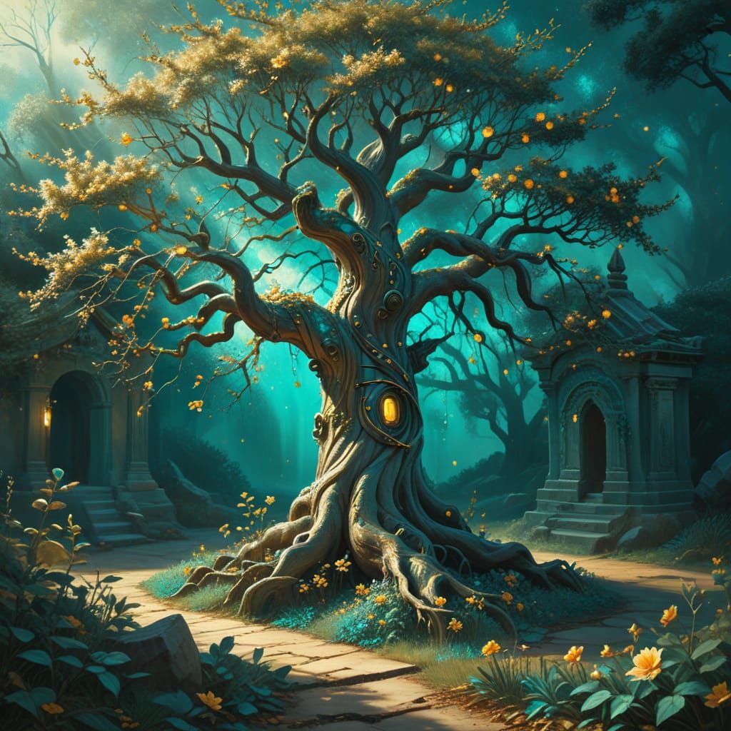 Magical Tree at Ancient Shrine: Surreal Oil Painting
