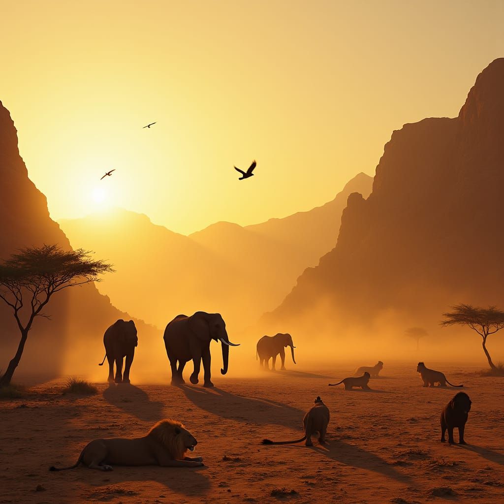 Sahara Desert Wildlife: Elephants, Lions, and Birds