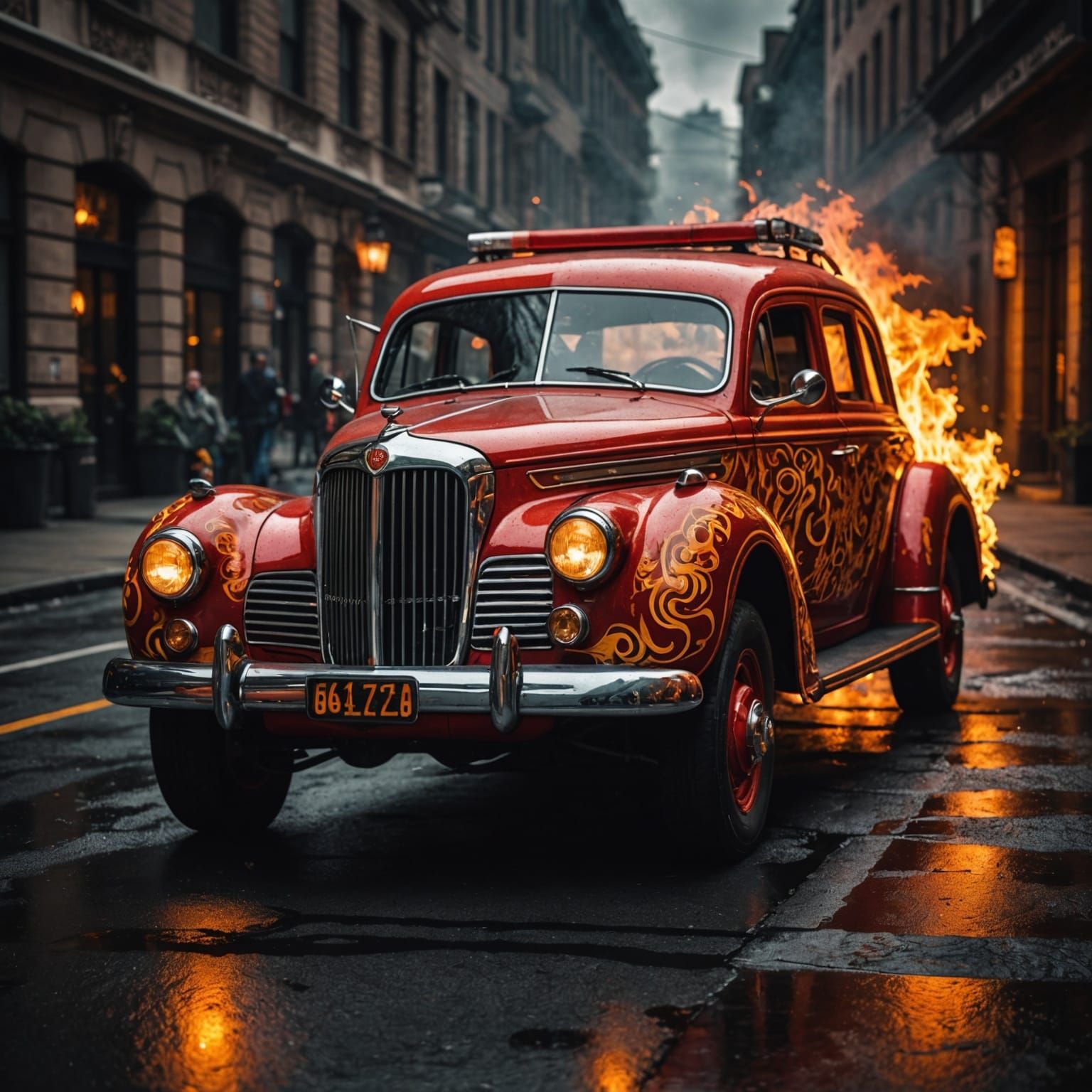 Hyperrealistic Fire Car in Cinematic Style