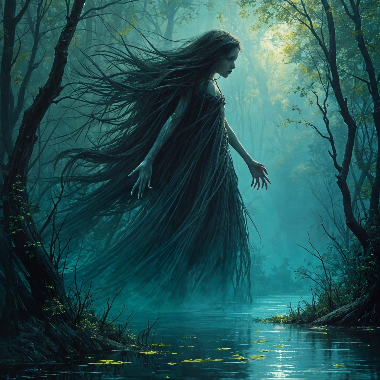 Dark Fantasy Vampire Queen Emerging from a Sap Green Lake