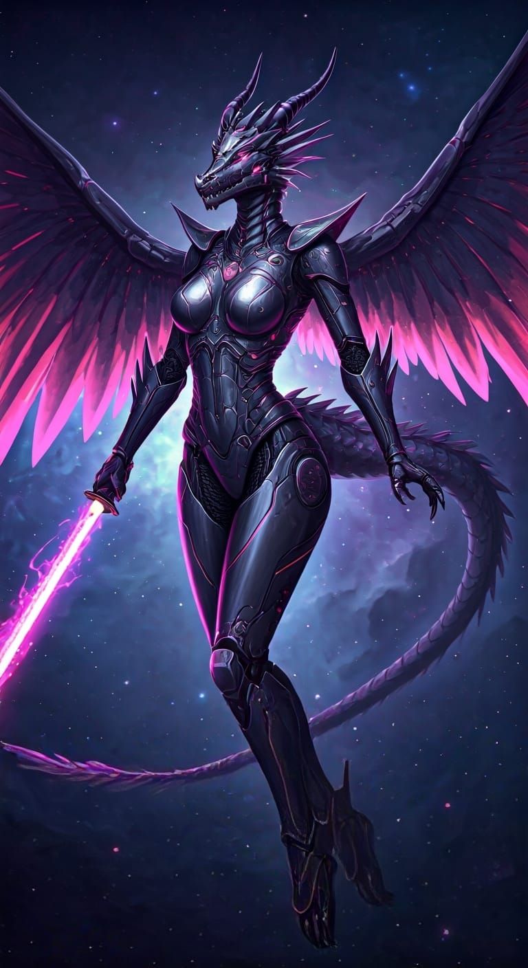 Celestial Dragon-Woman Soaring Through Nebula in Power Armor