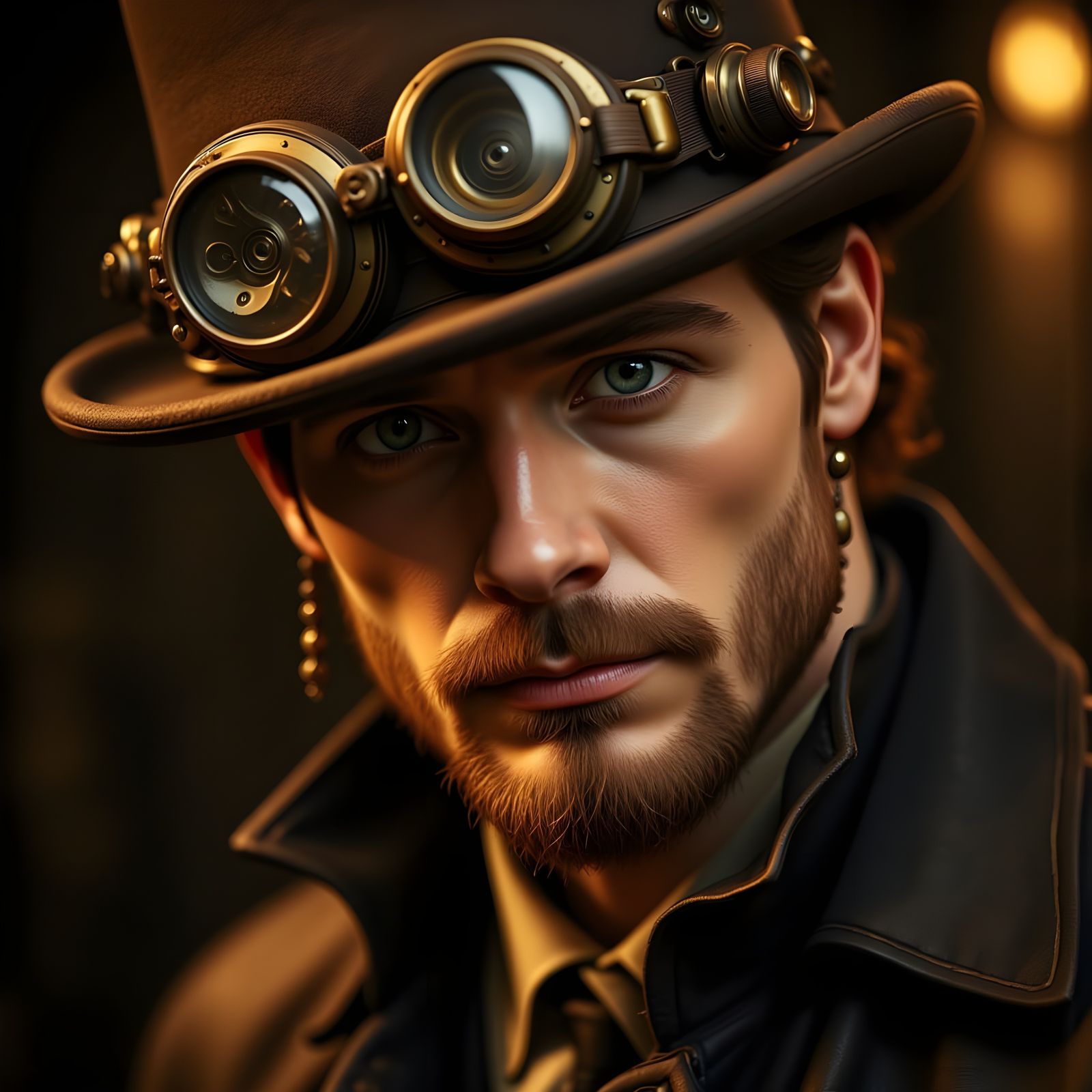 Steampunk Man Close-Up with Goggles and Hat in Golden Light