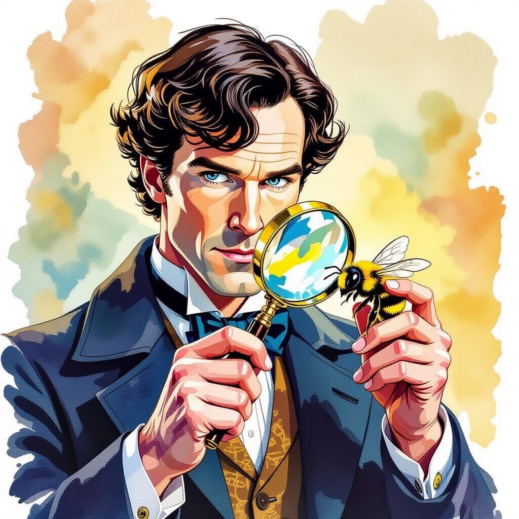 Detective Investigates Sleepy Bumblebee in Watercolor Style