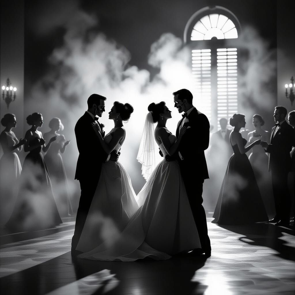 1940s Zombie Prom with Dramatic Shadows and Fog