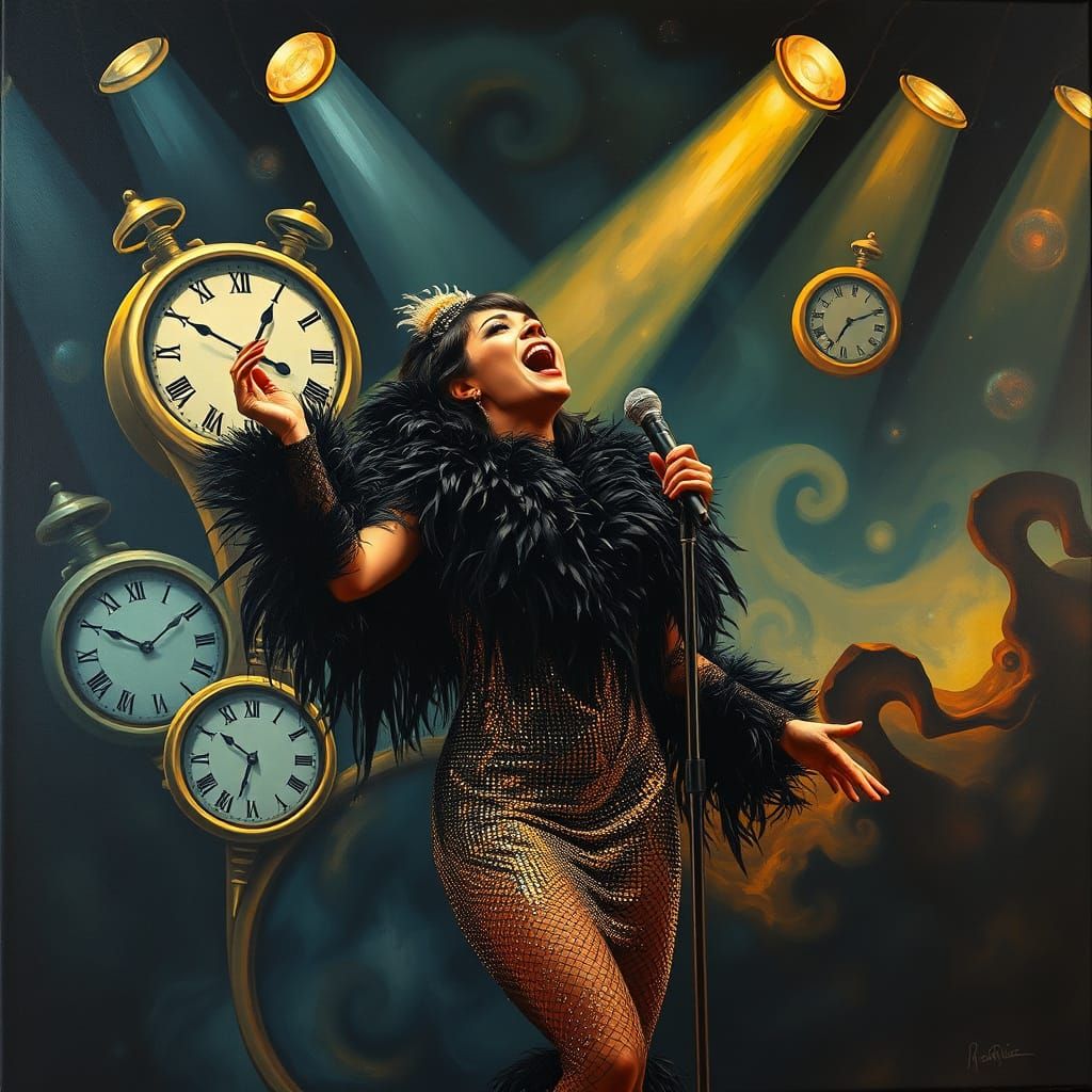 Cabaret Singer in Feathered Costume on Surreal Stage