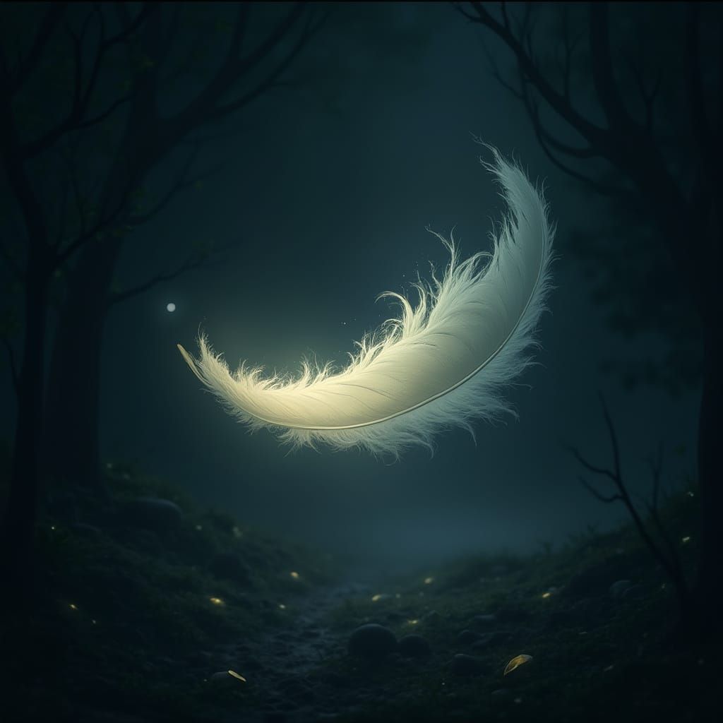 Glowing Feather in Dark Landscape, Digital Art