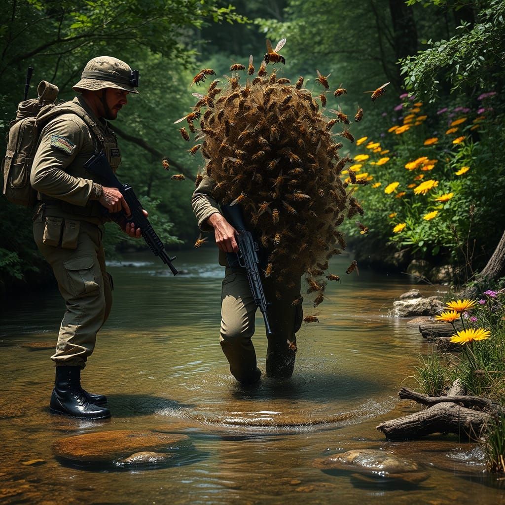 Army Man Ambushed by Swarming Bees in Freshwater Creek