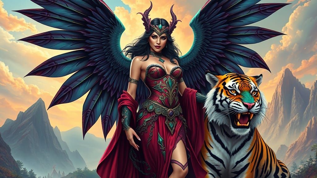 Vampire Woman Cosplay with Eagle Wings in Comic Style