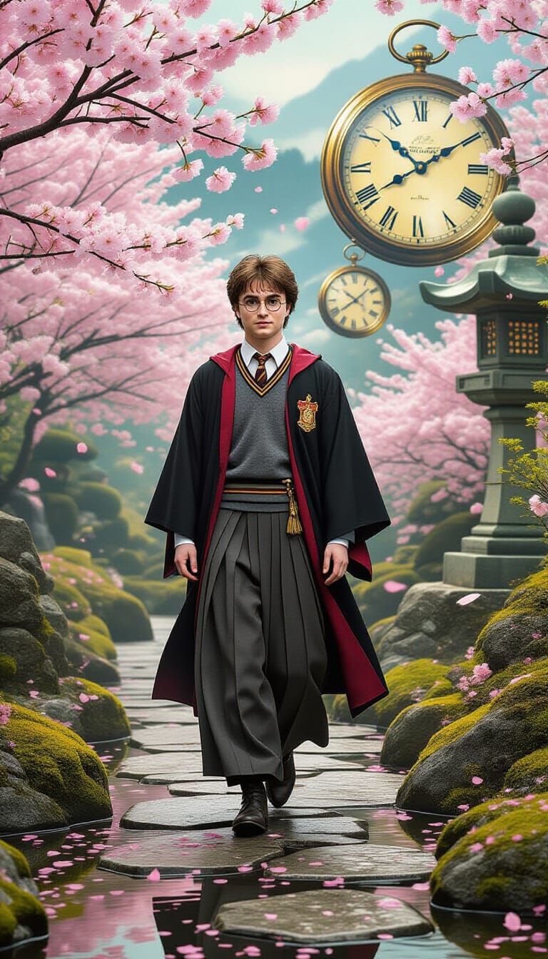 Harry Potter in a Surreal Japanese Cherry Garden