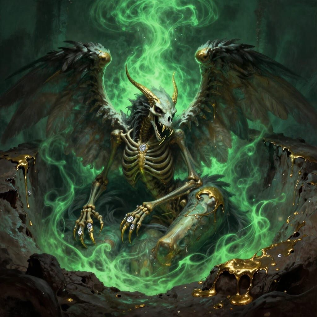 Skeletal Siren with Feathered Wings and Gold Fangs