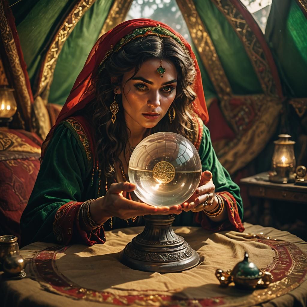 Gypsy Sorcerer Reads Future in Crystal Ball