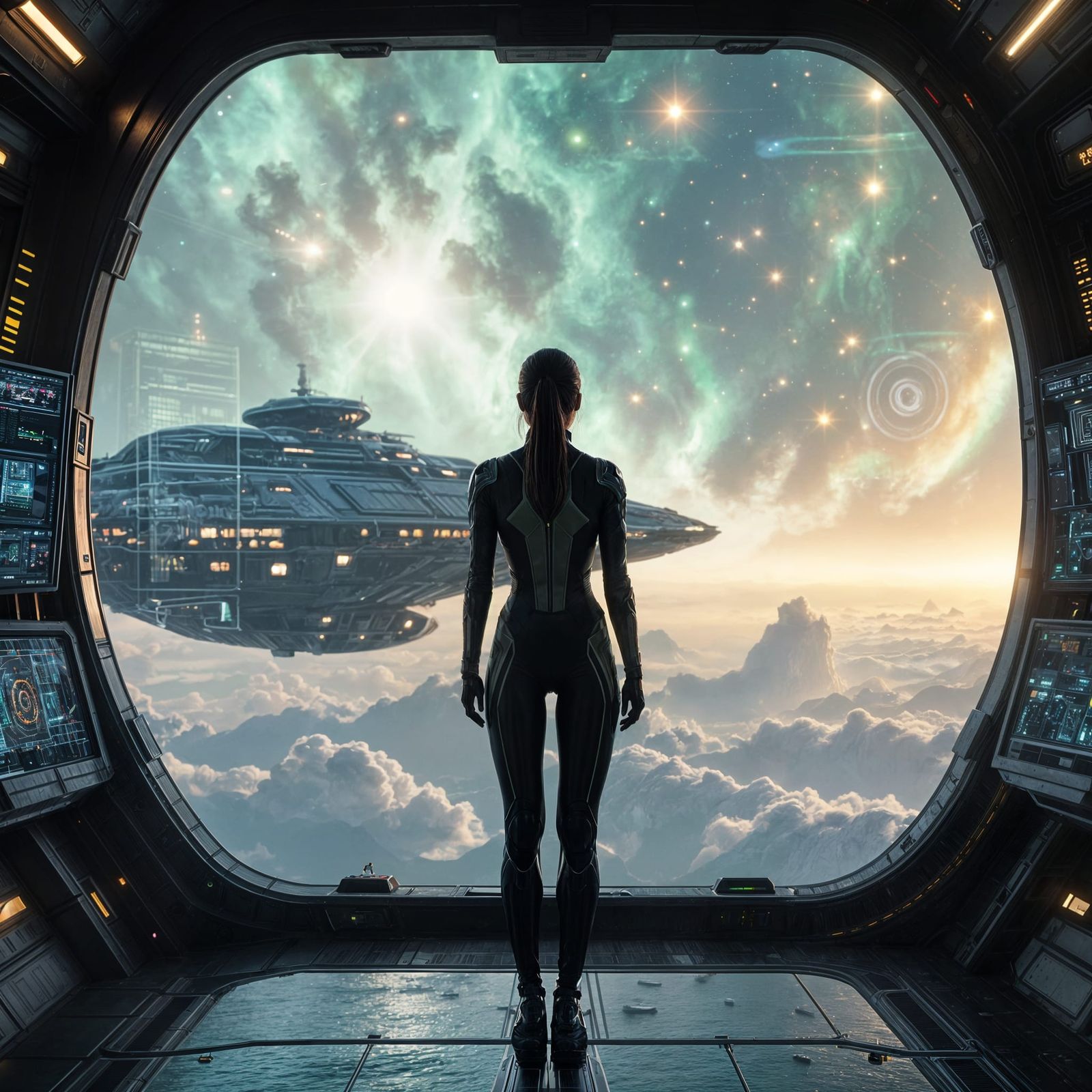 Woman Gazes at Nebula from Colossal Starship Bridge