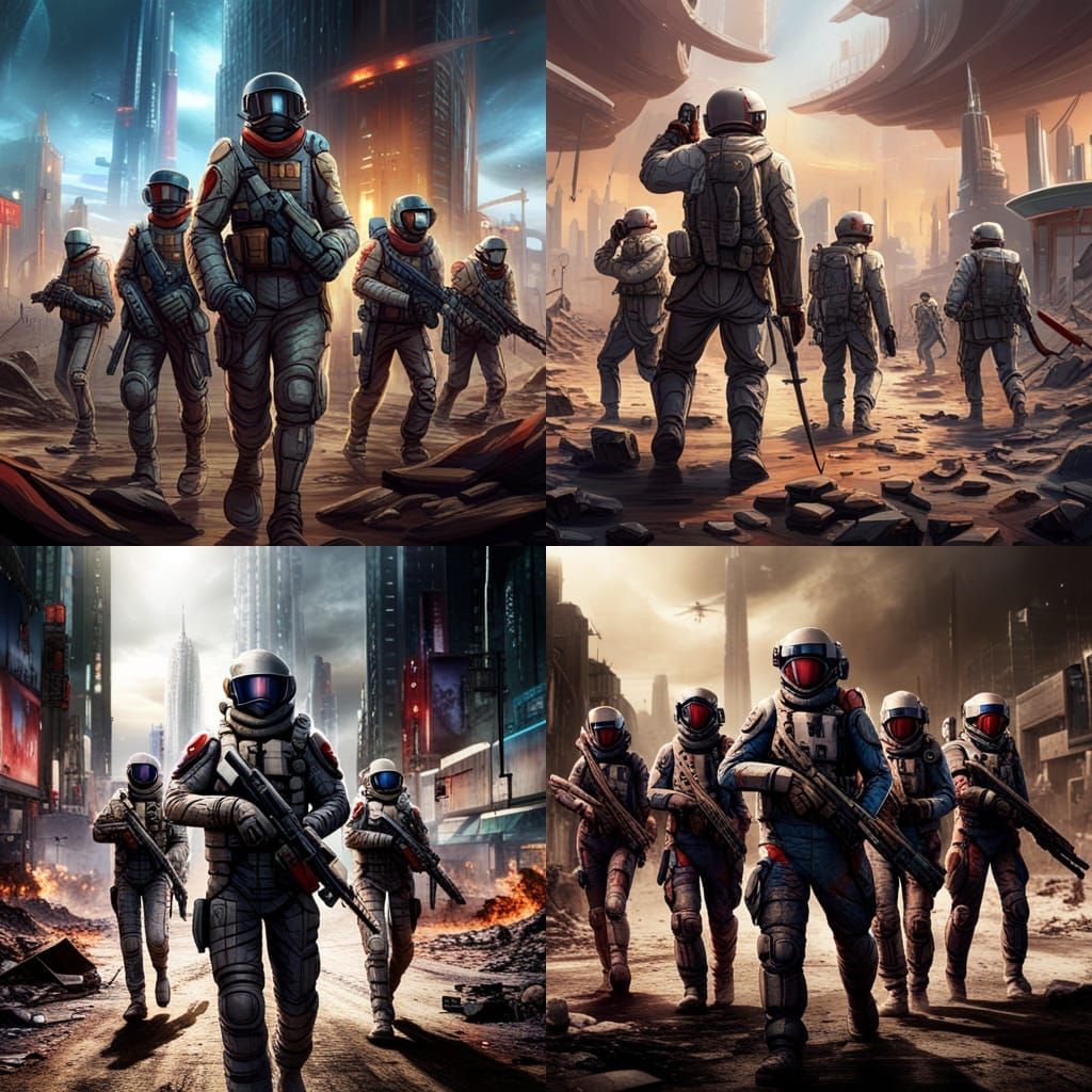 Futuristic Soldiers in War-Torn City: Detailed Matte Paintin...