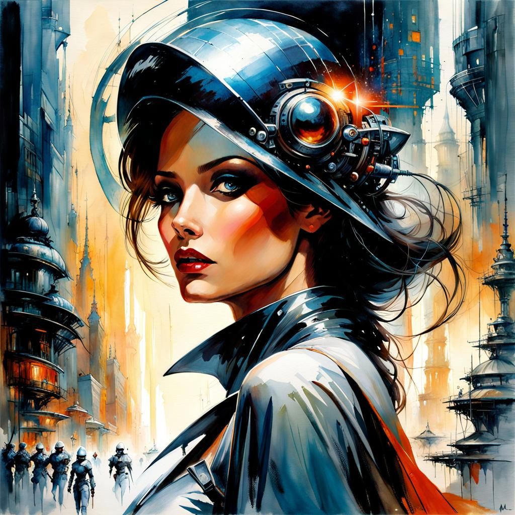 Futuristic Cyborg Femme Fatale in Watercolor Style