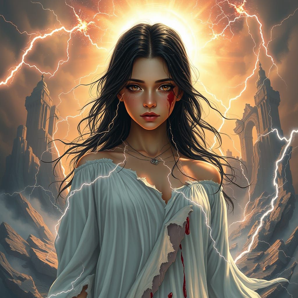 Cyberpunk Angel's Last Stand in Heavenly Ruin