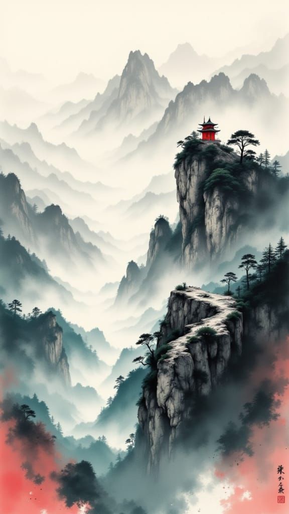 Ethereal Mountain Forms in Traditional Chinese Ink Wash Styl...