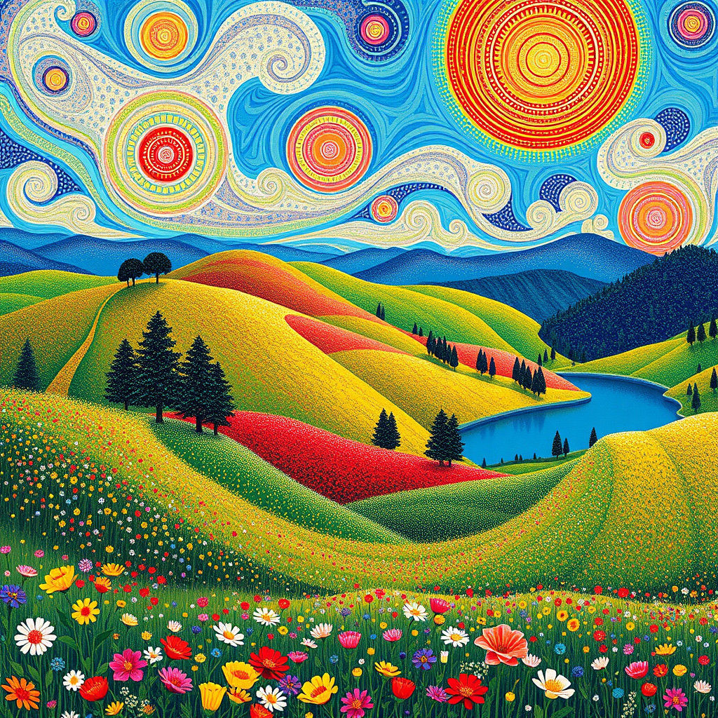 Psychedelic Prismatic Landscape in Pointillism Style