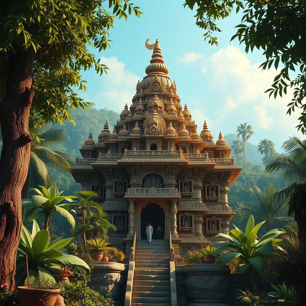 Detailed Ancient Indian Temple with Golden Filigree