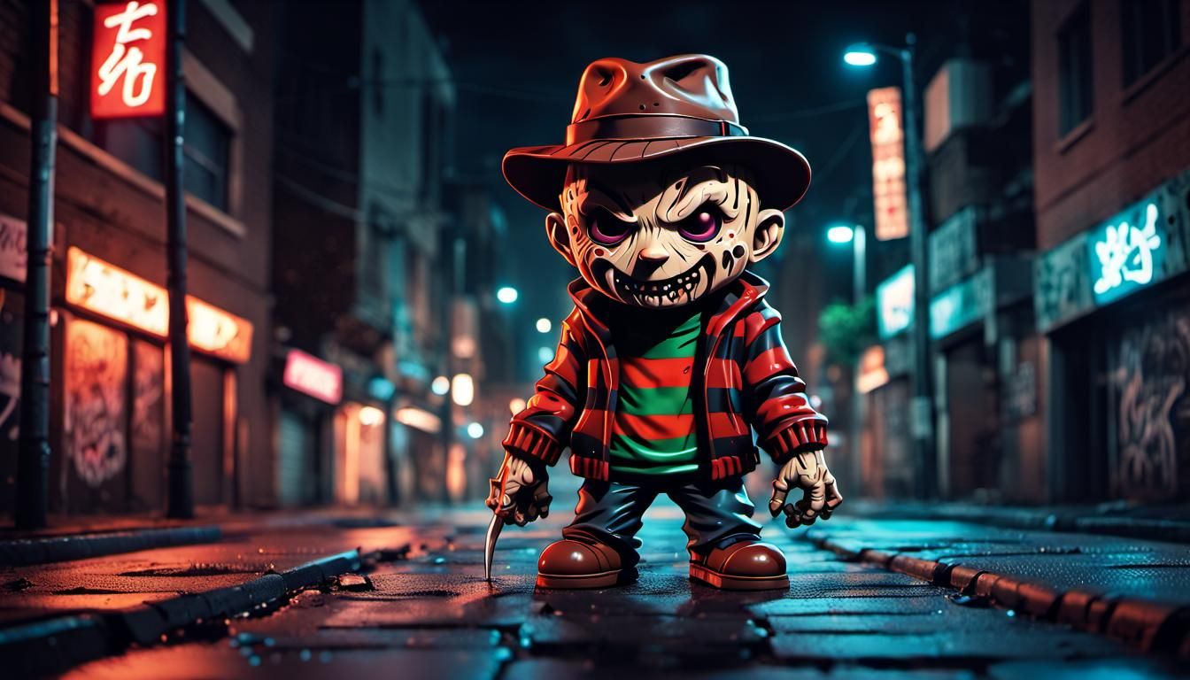 Chibi Freddy Krueger in Cyberpunk Pop Art Style