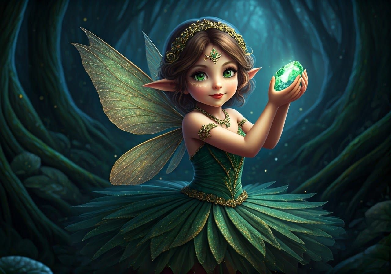 Mischievous Fairy Steals Gem in Moonlit Forest